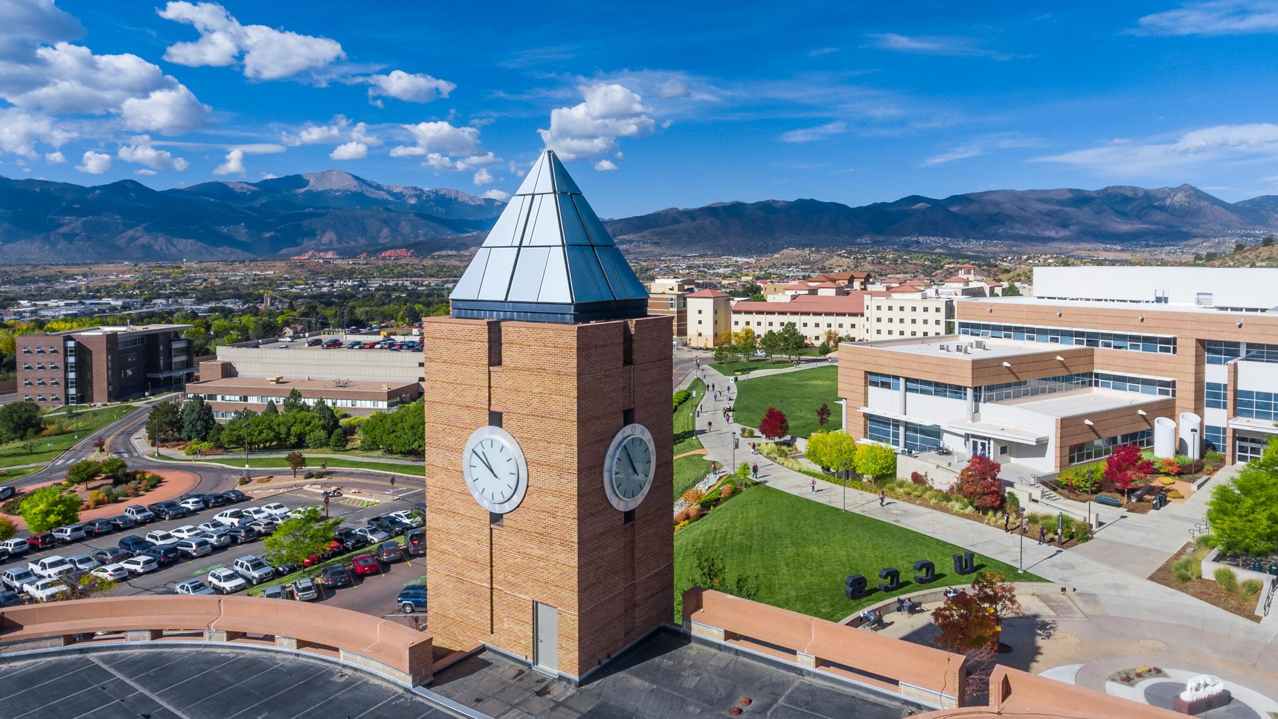 View of a clock town on UCCS campus.