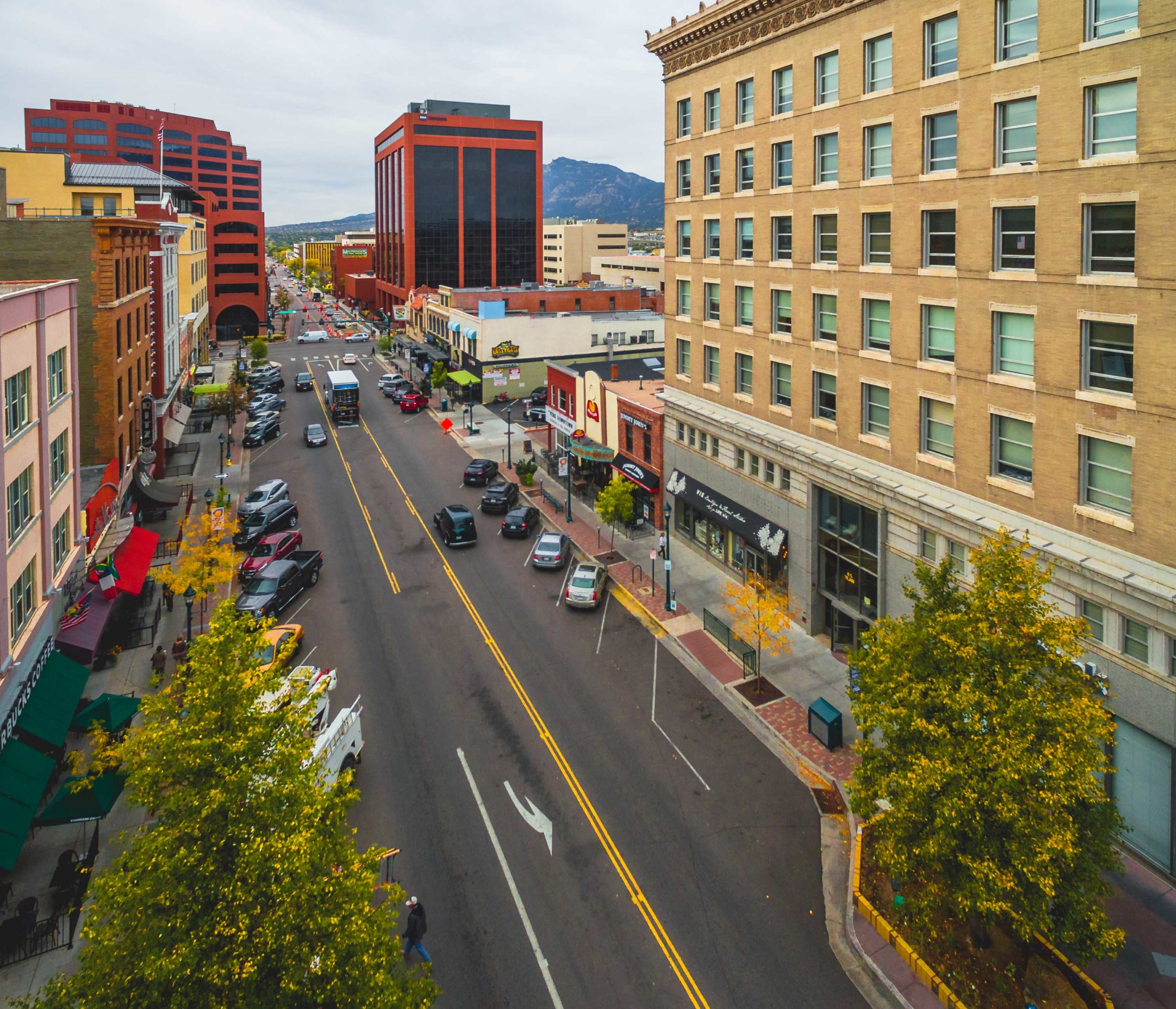 Aerial view of a street in downtown Colorado Springs.