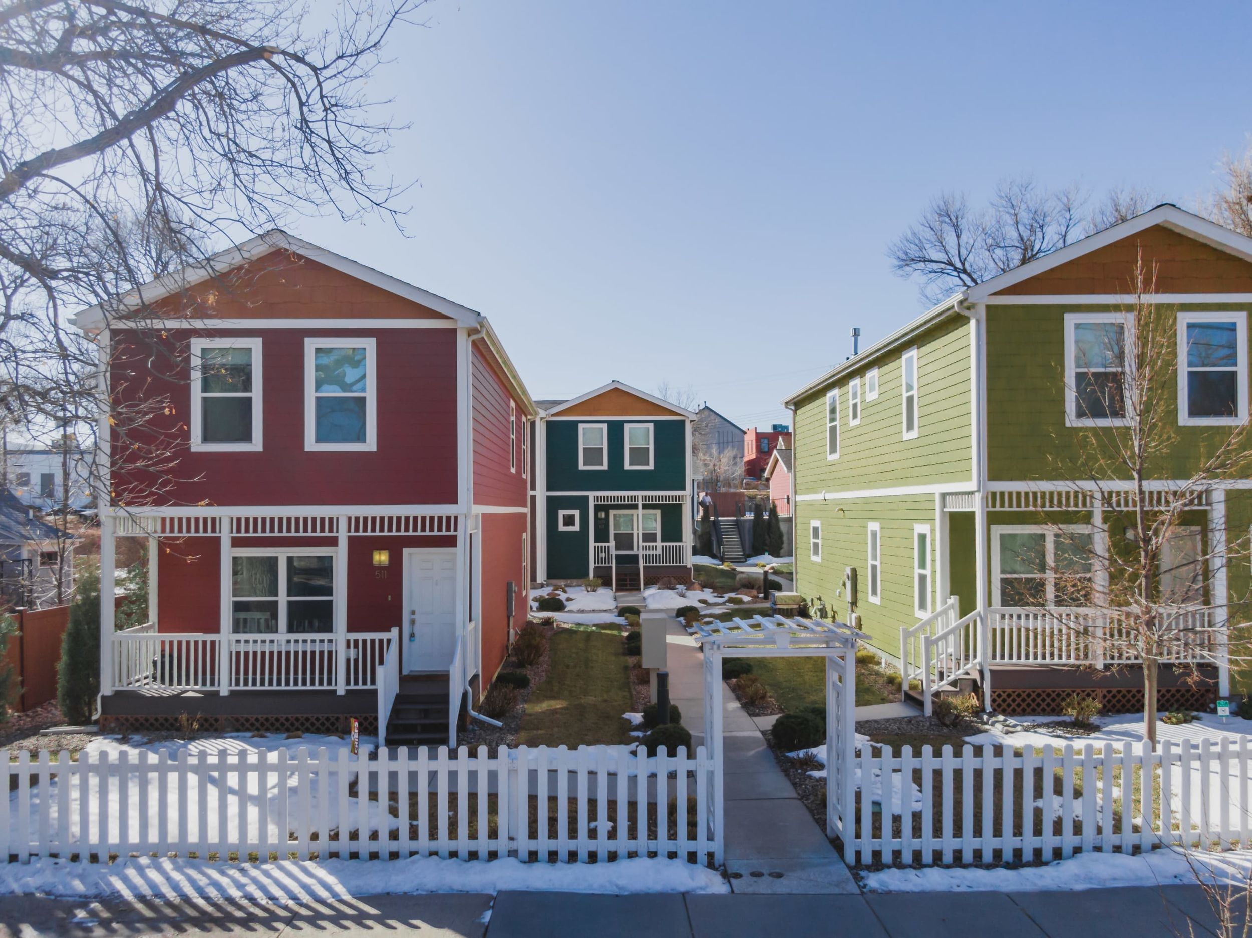Exterior of colorful houses in Colorado Springs.